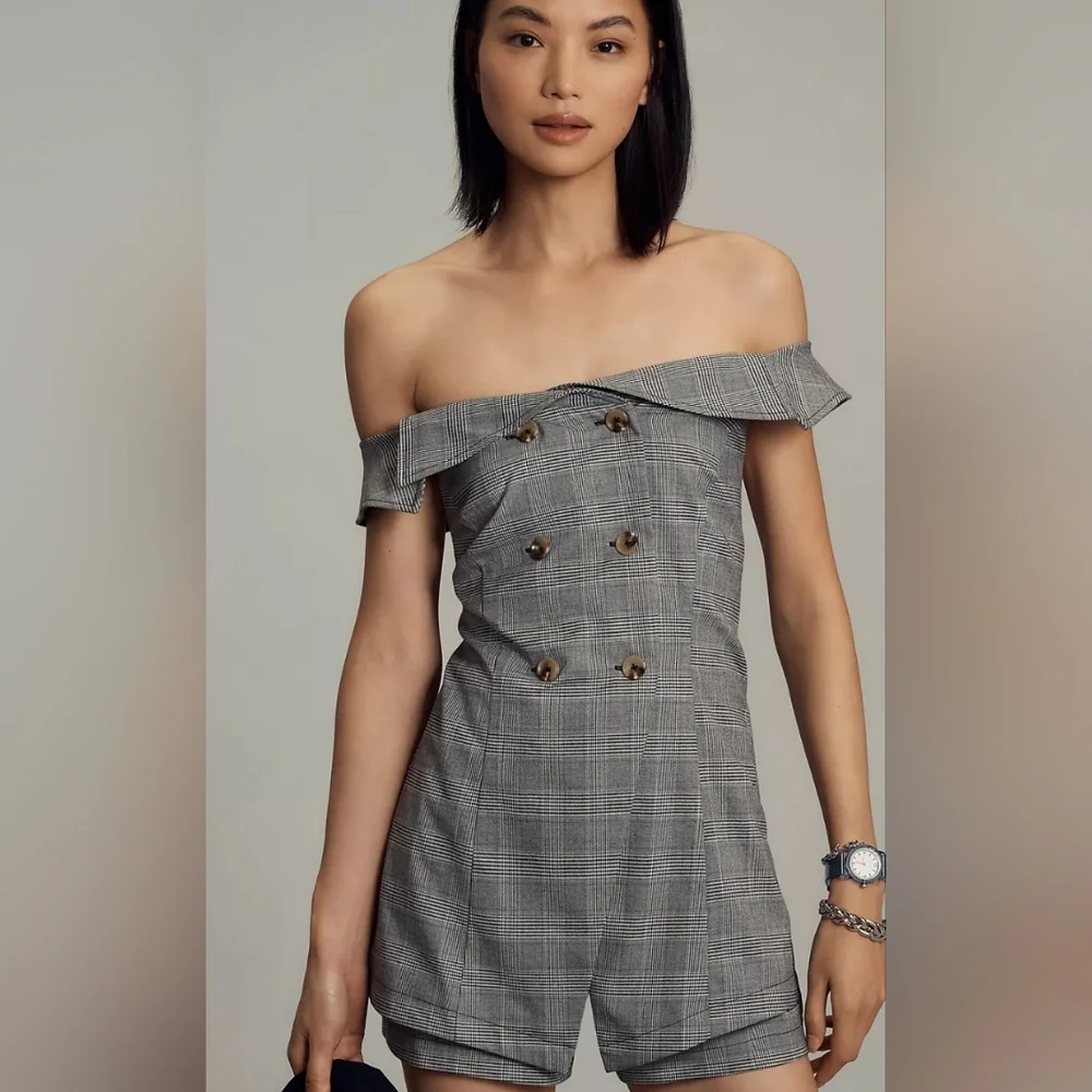 Anthropologie Maeve Off-The-Shoulder Button-Front Menswear Romper - Picture 3 of 5